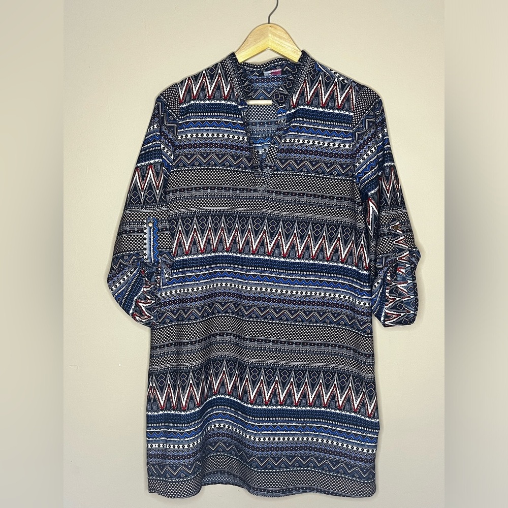 Indulge Dress Geometric Blue Red V-Neck Rolled Sleeve Size M